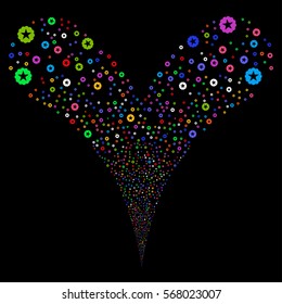Quality fireworks stream. Vector illustration style is flat bright multicolored iconic symbols on a black background. Object double fountain constructed from random design elements.