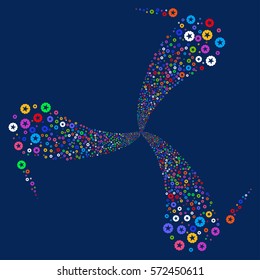 Quality fireworks swirl rotation. Vector illustration style is flat bright multicolored iconic symbols on a blue background. Object whirl made from random pictograms.