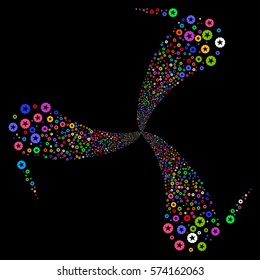 Quality fireworks swirl rotation. Vector illustration style is flat bright multicolored iconic symbols on a black background. Object spiral organized from random icons.