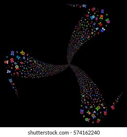 Quality fireworks swirl rotation. Vector illustration style is flat bright multicolored iconic symbols on a black background. Object twirl organized from random icons.