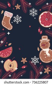 Quality flat design Christmas themed dark background with gingerbread cookies, xmas tree branches, holiday season spices, dried orange slices, snowflakes, etc.