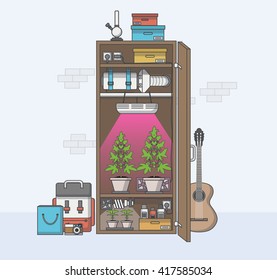 Quality Flat Design of marijuana growing in cabinet. Vector illustration