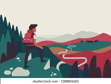 Quality flat design vector illustration on person standing on cliff overlooking road ahead. Achievements, experience and goals concept layout