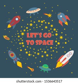 Quality flat vector astronomy, outer space exploration and cosmonautics themed illustration set with rocket.