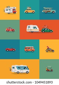 Quality flat vector banner or poster template on summer travel cars, vans and other vehicles. Packed for summer vacation road trip. Large variety of leisure and camping cars