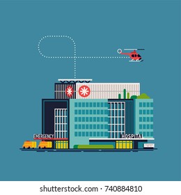 Quality flat vector clinic or public hospital building with helicopter and ambulance cars parked at emergency room entrance