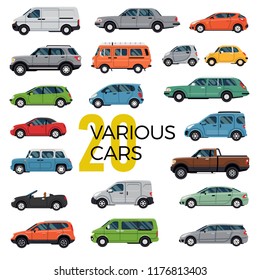 Quality flat vector collection of 20 various modern and classic cars and vehicles of different types. City and urban traffic featuring cabriolet, sedan, pickup, hatchback, microcar, van, suv and many 