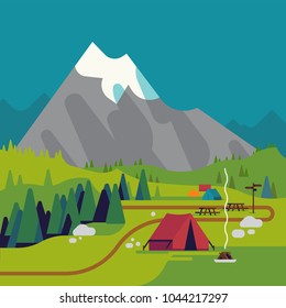 Quality flat vector concept design on summer hiking and trekking in mountains featuring mountain peak, green valley with trail and trees, tent camp with campfire and picnic tables