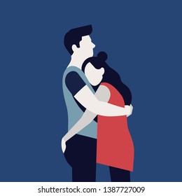 Quality flat vector illustration on abstract romantic couple hugging each other. Warm feelings, relationship and intimacy concept design element with man and woman standing holding each other