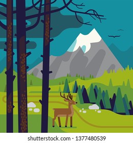 Quality Flat Vector Mountain Forest Scene Stock Vector (Royalty Free ...