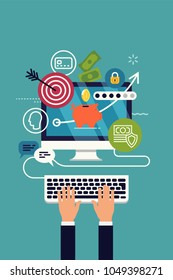 Quality flat vector online banking poster or web banner template with businessman hands, keyboard and computer display with piggy bank, minimalistic financial icons and symbols, user interface element