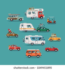 Quality flat vector transport design elements on summer car, van, trailer, camping caravan, surf ride, road trip and vacation travel 