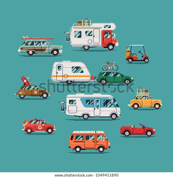 Quality flat vector transport design elements on summer\
car, van, trailer, camping caravan, surf ride, road trip and\
vacation travel 