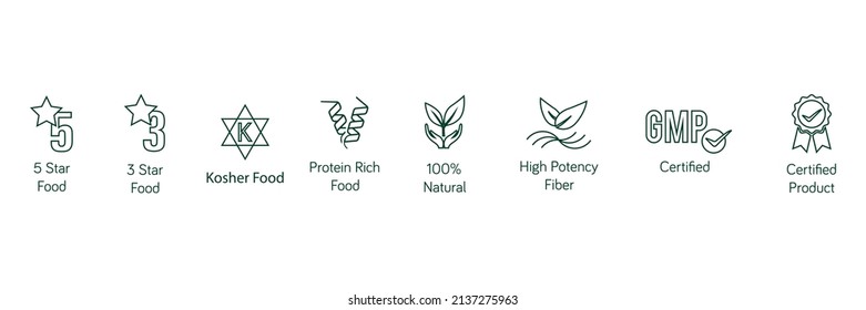 quality food line icon set 5 stars, 3 stars, kosher food, protein-rich food, 100% natural, high potency fiber, GMP, certified product 