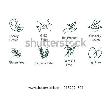quality food line icon set locally grown, GMO free, bioproduct, clinically proven, gluten free, carbohydrate, palm oil free, egg free