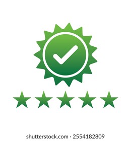 Quality green guarantee with five stars icon isolated on white, vector. Approving, check, concept seal isolated on white background illustration. Award, winner, trophy, top quality, promotion concept.