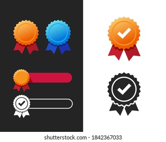 Quality or guarantee award rosette and medal ribbon icon blank empty template vector flat element, golden medallion achievement or recommend warranty check mark seal shape, flat and black white set
