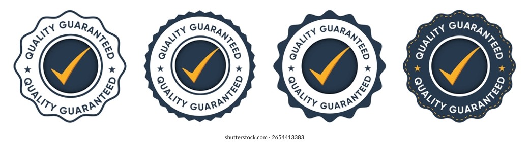 Etiquetas de crachá de garantia de qualidade com marca de verificação e design de selo de ouro azul