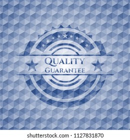Quality Guarantee blue emblem with geometric pattern background.