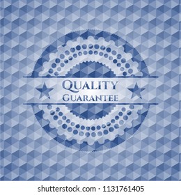 Quality Guarantee blue emblem with geometric background.