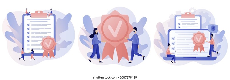 Quality guarantee. Quality check and control. Tiny people choice premium product. Evaluation, expertise and inspection for errors. Modern flat cartoon style. Vector illustration on white background