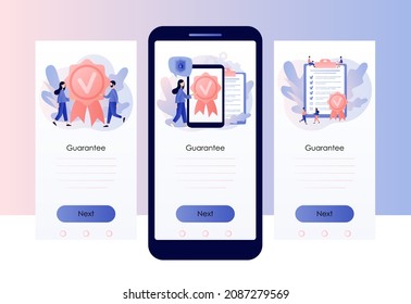 Quality guarantee. Quality check and control. Tiny people choice premium product. Evaluation, expertise. Screen template for mobile, smartphone app. Modern flat cartoon style. Vector illustration