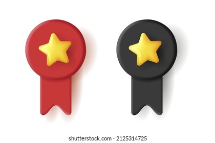 Quality guarantee emblem with ribbon icon with star in a circle. Premium quality label. 3d vector illustration.