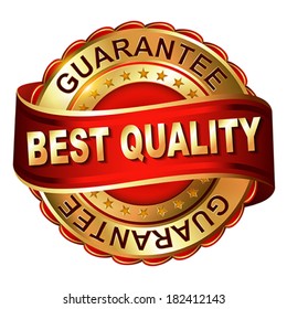 Quality guarantee golden label with ribbon.  Vector illustration.