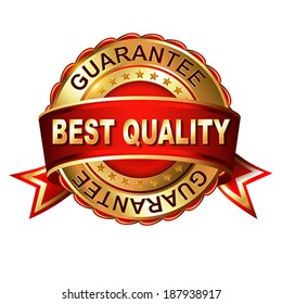 Quality guarantee golden label with ribbon.  Vector illustration.