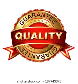 Quality guarantee golden label with ribbon.  Vector illustration.