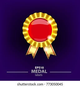 Quality Guarantee Golden labels. Gold medallion with red around center on blue background, medal award for winners first and second place. Vector golden seal with ribbon
