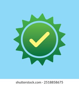 Quality guarantee green Vector icon isolated on a blue background. Approving, check, concept seal isolated on blue background illustration. Award, winner, trophy, top quality, promotion concept.