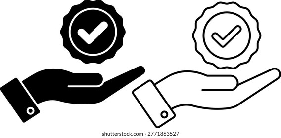 Quality Guarantee Hand Badge Icon Set Verified Checkmark Assurance Outline And Glyph Vector Illustration