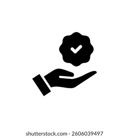 Quality Guarantee Icon. Hand Holding Checkmark Badge	