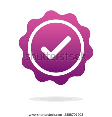 Quality guarantee purple Vector icon isolated on white. Approving, check, concept seal isolated on white background illustration. Pink Award winner, trophy, top quality, promotion concept.
