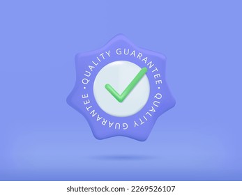 Quality guarantee ribbon icon with check mark on blue background. Rosette Stamp Icon Vector Design Template. 3d medal quality rating. Premium quality label. 3d vector illustration render