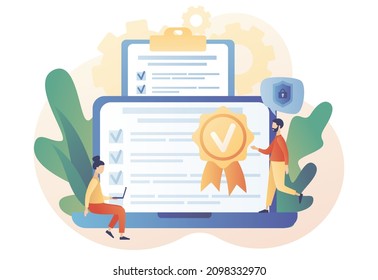 Quality guarantee. Tiny people choice premium product online. Quality check and control. Evaluation, expertise and inspection for errors. Modern flat cartoon style. Vector illustration 