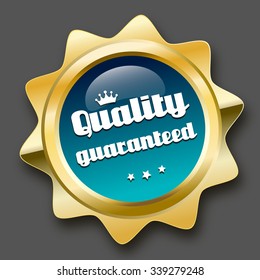 Quality guaranteed seal or icon with crown symbol. Glossy golden seal or button with stars and turquoise color.