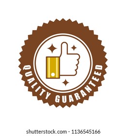 Quality guaranteed word and thumbs up or like symbol on circle jagged edge badge vector. Minimalist style, simple design, white, brown and gold color.