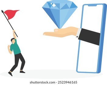 Calidad. Vendedor de la mano fuera del teléfono con el diamante precioso del alto valor. Ilustración vectorial plana

