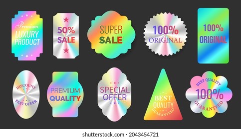 Quality Hologram Foil Sticker Labels For Original Products. Geometric Seal For Official Certification, Guarantee And Sale Emblems Vector Set. Super Sale And Best Discount Offer Template