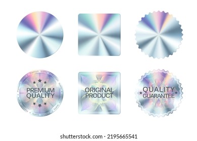 Quality hologram sticker  holographic labels and silver texture  Isolated vector original product stamps for official product guarantee   premium quality  100 percent genuine holographic seals