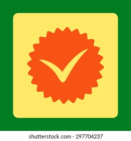 Quality icon from Award Buttons OverColor Set. Icon style is orange and yellow colors, flat rounded square button, green background.