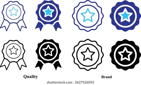 Quality icon. Branded with high quality icon set. Five Stars Brand Emblem. Famous Product, First Class Goods. Business Success icon set. Revenue Growth, Customer Satisfaction, Brand Recognition.