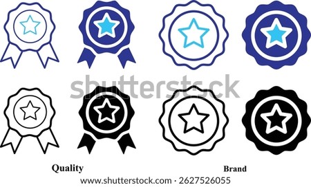 Quality icon. Branded with high quality icon set. Five Stars Brand Emblem. Famous Product, First Class Goods. Business Success icon set. Revenue Growth, Customer Satisfaction, Brand Recognition.