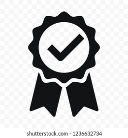 Quality icon, certified check mark ribbon label. Vector premium product certified or best choice recommended award and warranty approved certificate stamp