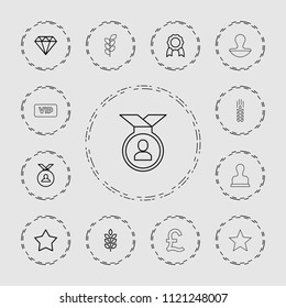 Quality icon. collection of 13 quality outline icons such as wheat, medal, gem, star, vip, stamp. editable quality icons for web and mobile.