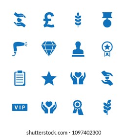 Quality icon. collection of 16 quality filled icons such as wheat, vip, hair dryer, award, hands holding heart, medal, pound, stamp. editable quality icons for web and mobile.