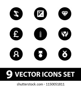 Quality icon. collection of 9 quality filled icons such as medal, hands holding heart, ribbon, light exposure, gem, wheat. editable quality icons for web and mobile.