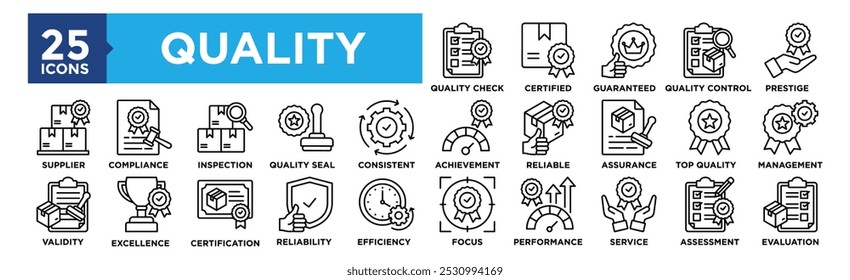 Conjunto de colección de iconos de calidad. Que contiene el diseño, el certificado, la garantía, la gestión empresarial